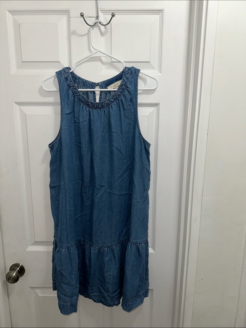 LOFT Blue Sleeveless Chambray Dress with Ruffle Hem NWT